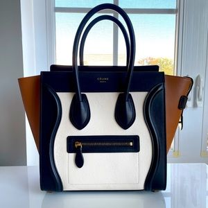 Celine Micro Luggage handbag in tricolor calfskin.